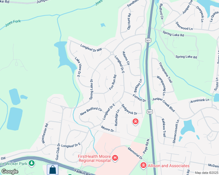map of restaurants, bars, coffee shops, grocery stores, and more near 95 Fox Run Road in Pinehurst