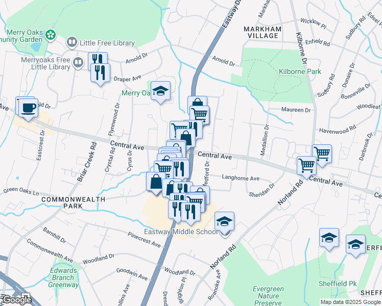 map of restaurants, bars, coffee shops, grocery stores, and more near Eastway Dr & Central Ave in Charlotte