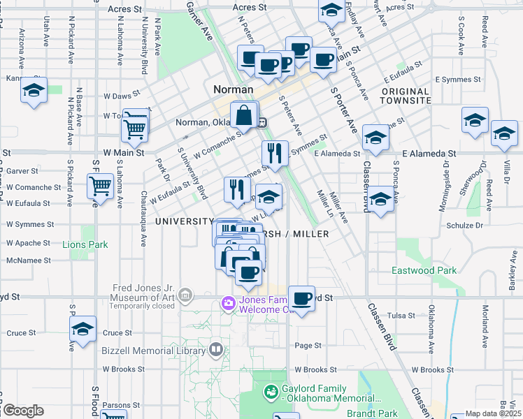 map of restaurants, bars, coffee shops, grocery stores, and more near 205 West Linn Street in Norman