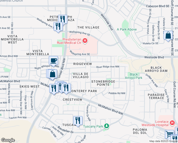 map of restaurants, bars, coffee shops, grocery stores, and more near 10863 Stonebrook Place Northwest in Albuquerque