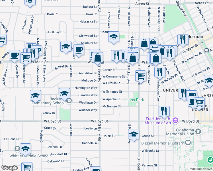 map of restaurants, bars, coffee shops, grocery stores, and more near 1118 West Eufaula Street in Norman