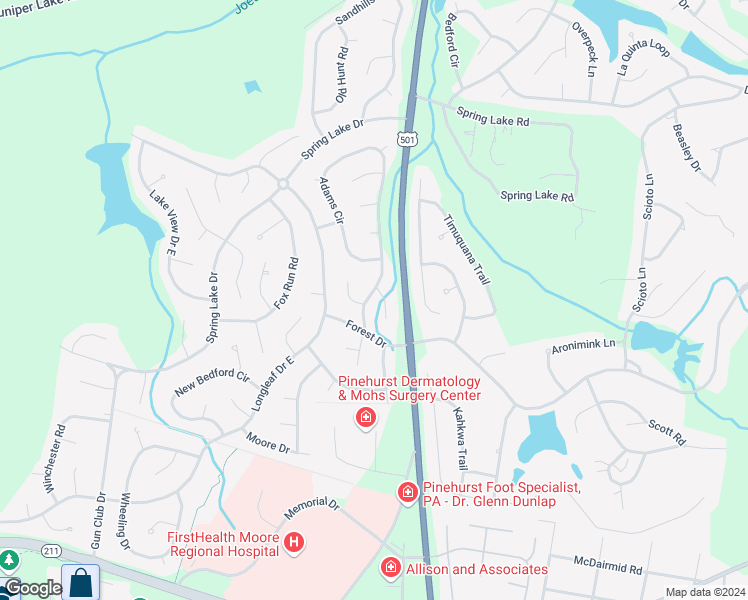map of restaurants, bars, coffee shops, grocery stores, and more near 10 Barkley Lane in Pinehurst