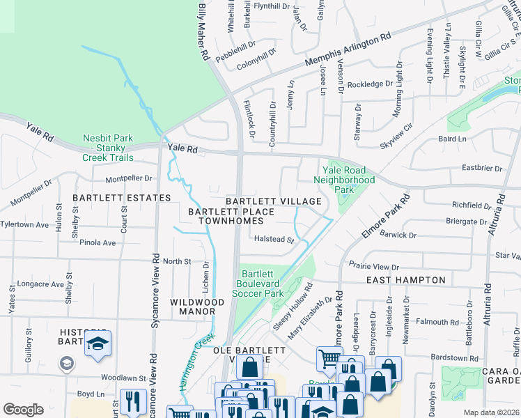 map of restaurants, bars, coffee shops, grocery stores, and more near 6039 Ainsworth Street in Bartlett