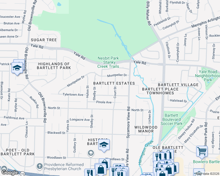map of restaurants, bars, coffee shops, grocery stores, and more near 3294 Keeshond Cove in Bartlett