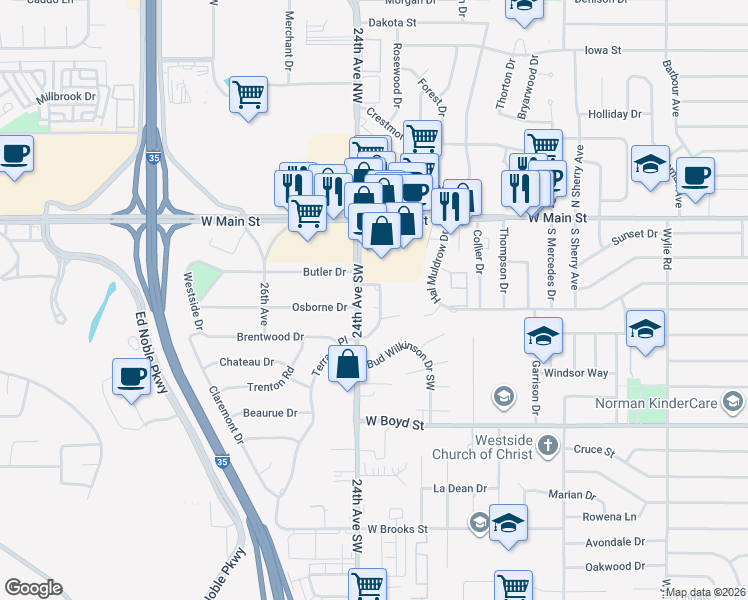 map of restaurants, bars, coffee shops, grocery stores, and more near 334 George L Cross Drive in Norman