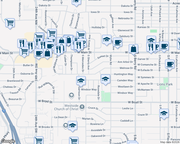 map of restaurants, bars, coffee shops, grocery stores, and more near 303 South Sherry Avenue in Norman