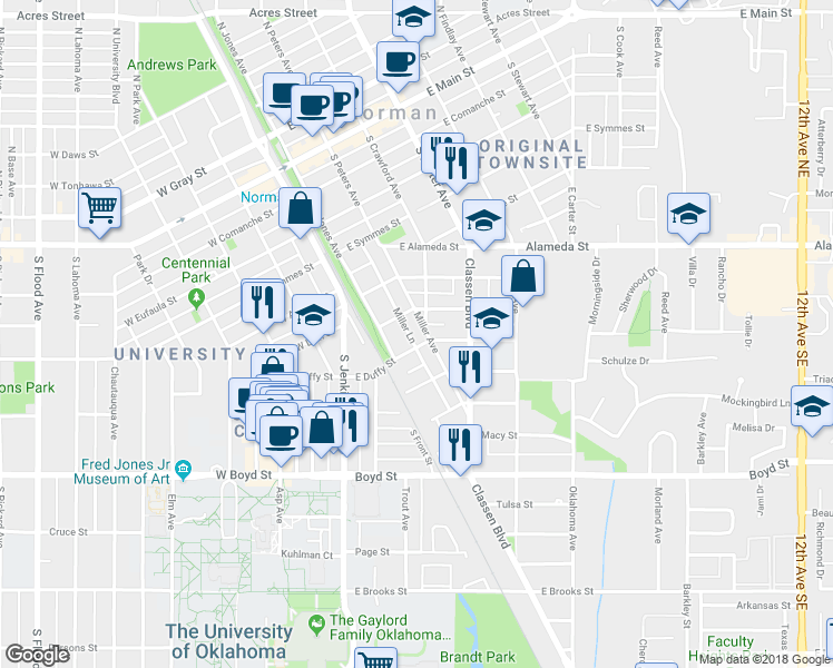 map of restaurants, bars, coffee shops, grocery stores, and more near 720 Miller Avenue in Norman