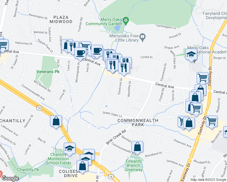 map of restaurants, bars, coffee shops, grocery stores, and more near 1609 Eastcrest Drive in Charlotte
