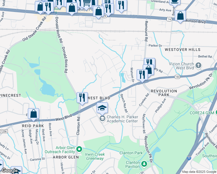 map of restaurants, bars, coffee shops, grocery stores, and more near 1665 Dewberry Terrace in Charlotte