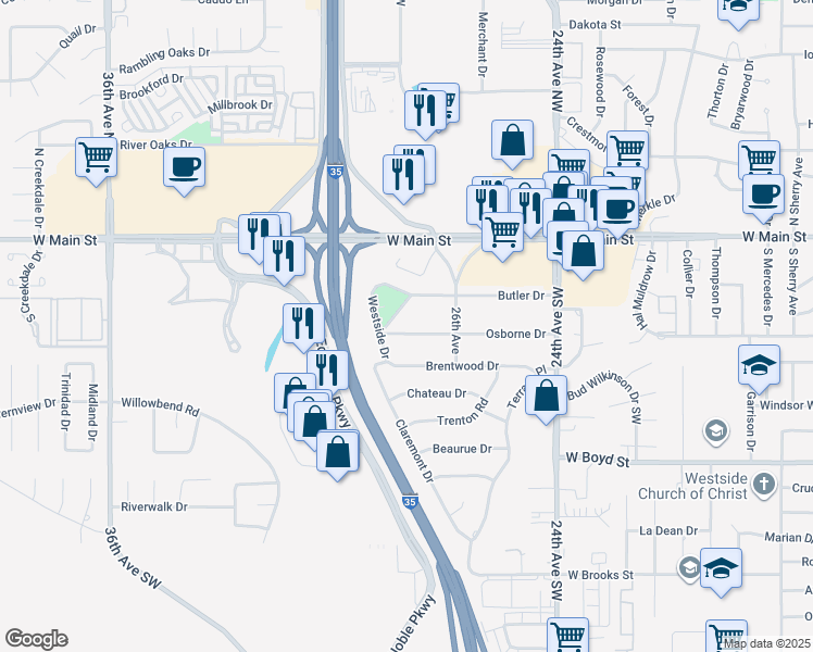 map of restaurants, bars, coffee shops, grocery stores, and more near 2617 Osborne Drive in Norman
