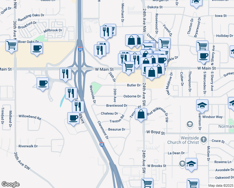 map of restaurants, bars, coffee shops, grocery stores, and more near 2533 Osborne Drive in Norman