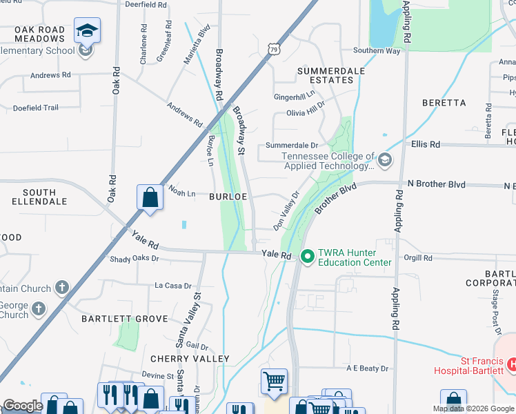 map of restaurants, bars, coffee shops, grocery stores, and more near 3296 Broadway Street in Bartlett