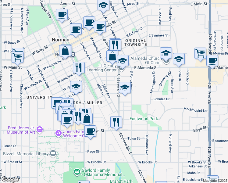 map of restaurants, bars, coffee shops, grocery stores, and more near 325 East Duffy Street in Norman