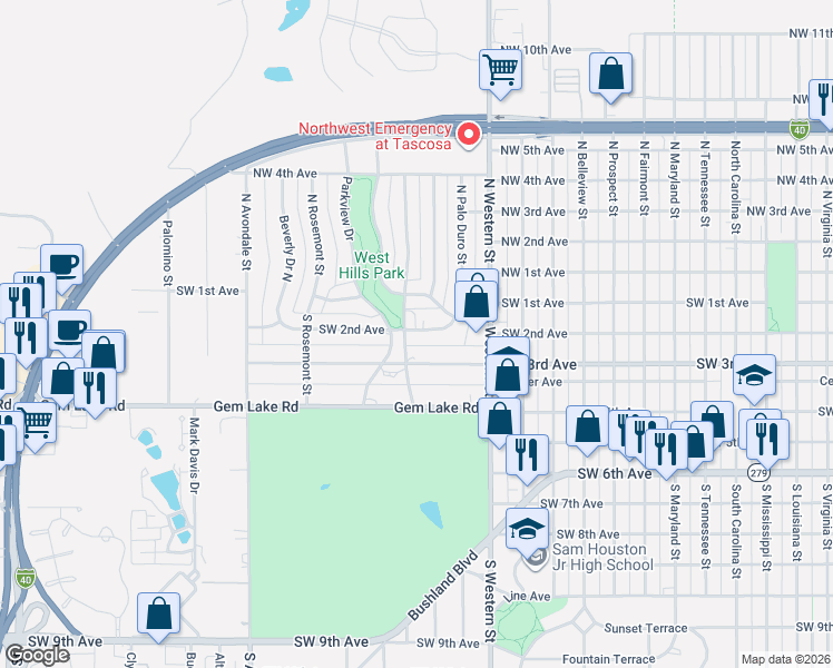 map of restaurants, bars, coffee shops, grocery stores, and more near 100 West Hills Boulevard East in Amarillo
