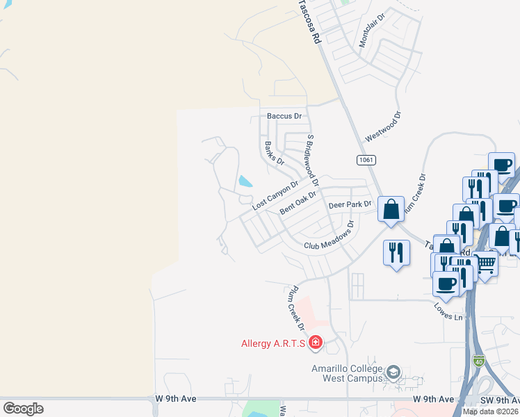 map of restaurants, bars, coffee shops, grocery stores, and more near 6881-6903 Lost Canyon Drive in Amarillo