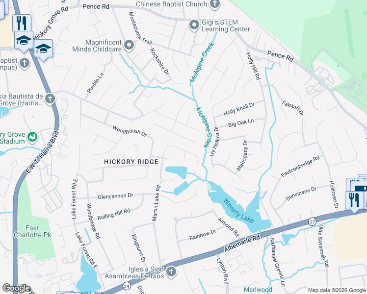 map of restaurants, bars, coffee shops, grocery stores, and more near 7521 Prindle Lake Drive in Charlotte