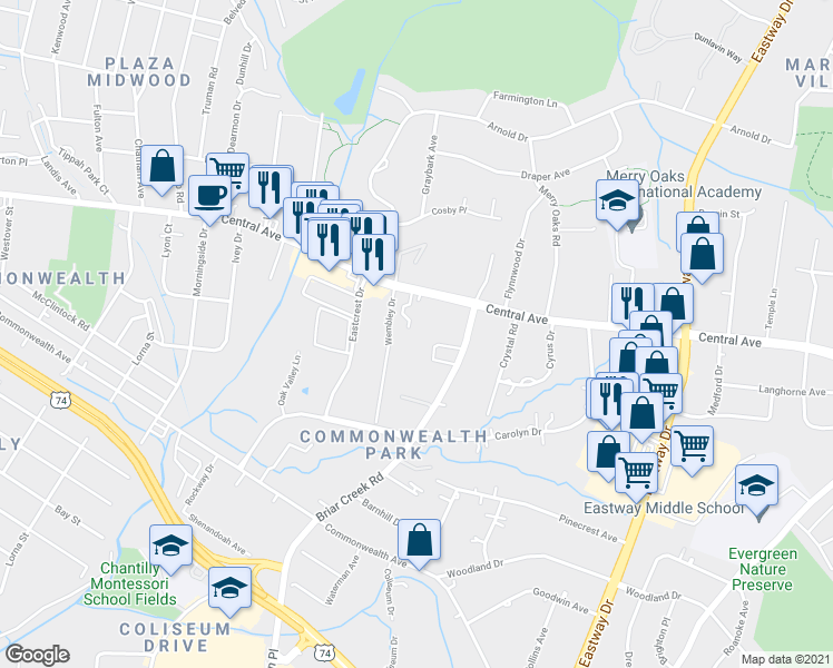 map of restaurants, bars, coffee shops, grocery stores, and more near 3164 Central Avenue in Charlotte