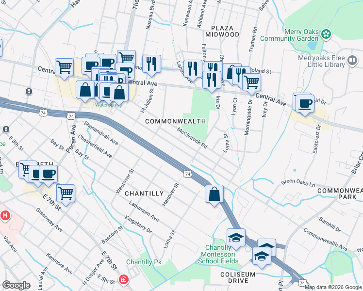 map of restaurants, bars, coffee shops, grocery stores, and more near 2421 Commonwealth Avenue in Charlotte