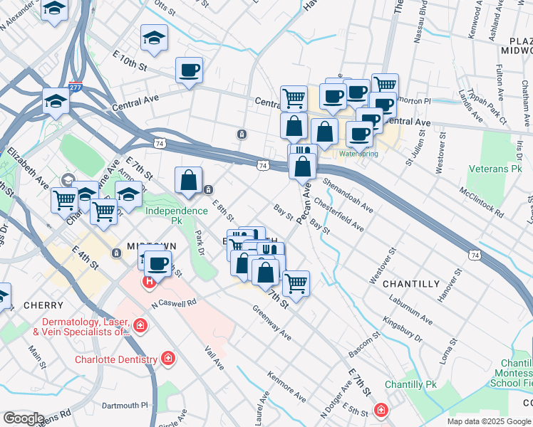 map of restaurants, bars, coffee shops, grocery stores, and more near 614 Clement Avenue in Charlotte