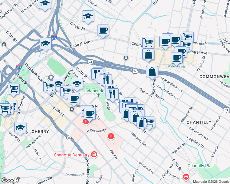 map of restaurants, bars, coffee shops, grocery stores, and more near 1800 East 8th Street in Charlotte