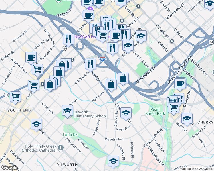 map of restaurants, bars, coffee shops, grocery stores, and more near 727 East Morehead Street in Charlotte