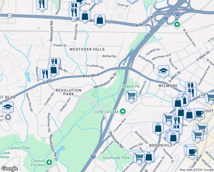 map of restaurants, bars, coffee shops, grocery stores, and more near in Charlotte