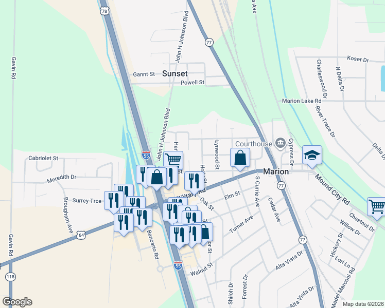 map of restaurants, bars, coffee shops, grocery stores, and more near 90 Masbend Cove in Marion