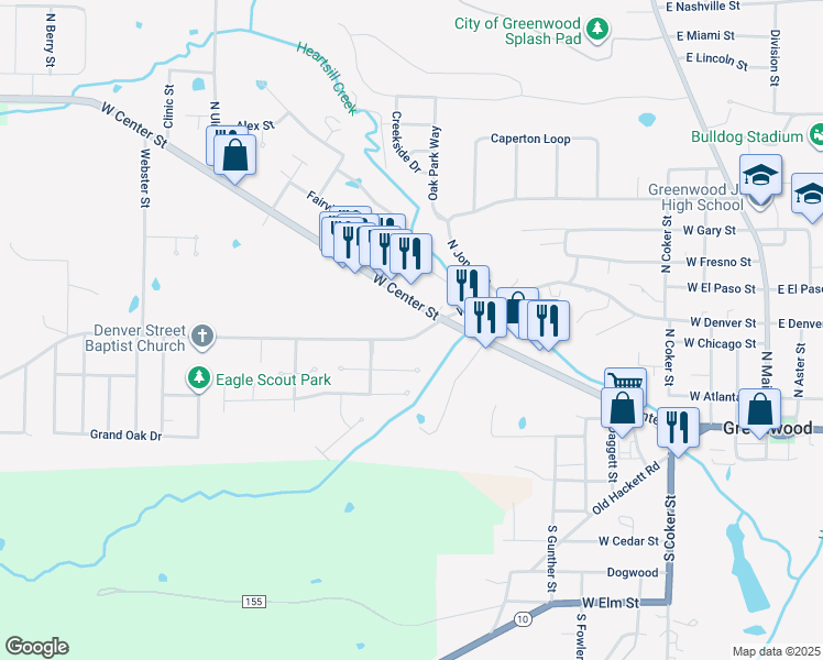 map of restaurants, bars, coffee shops, grocery stores, and more near 800-898 West Denver Street in Greenwood