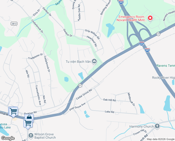 map of restaurants, bars, coffee shops, grocery stores, and more near 7128 Cedarfield Road in Charlotte