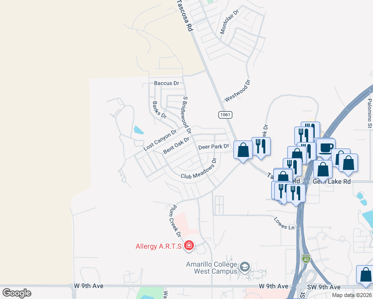 map of restaurants, bars, coffee shops, grocery stores, and more near 6813 Bent Oak Drive in Amarillo
