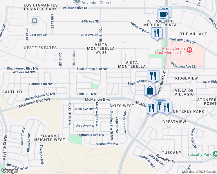 map of restaurants, bars, coffee shops, grocery stores, and more near 10904 Desert Dreamer Street Northwest in Albuquerque