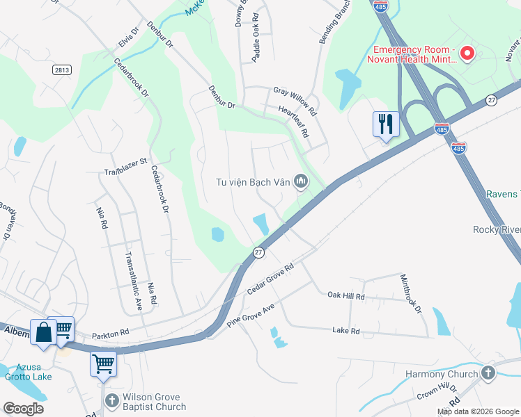 map of restaurants, bars, coffee shops, grocery stores, and more near 7209 Cedarfield Road in Charlotte