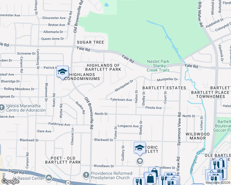 map of restaurants, bars, coffee shops, grocery stores, and more near 5575 Montpelier Drive in Bartlett