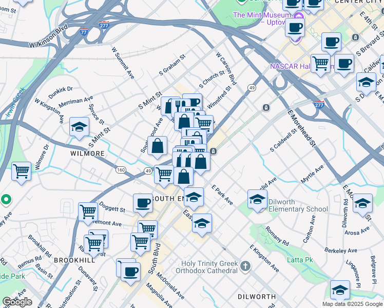 map of restaurants, bars, coffee shops, grocery stores, and more near 1515 South Tryon Street in Charlotte