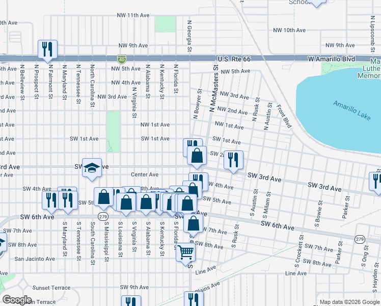 map of restaurants, bars, coffee shops, grocery stores, and more near 201 Georgia Street South in Amarillo