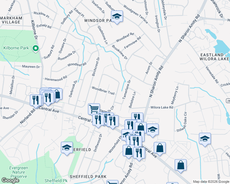 map of restaurants, bars, coffee shops, grocery stores, and more near 3923 Woodbriar Trail in Charlotte