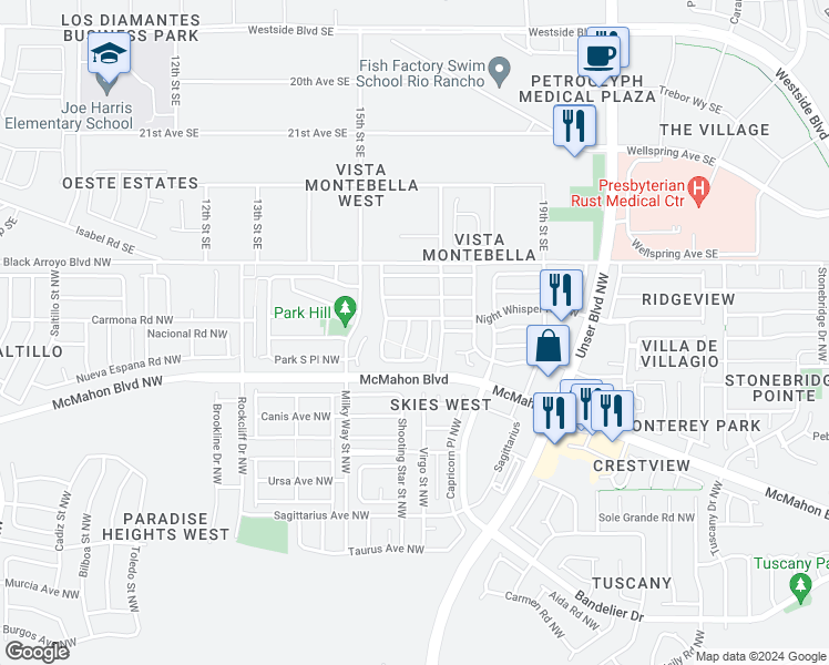 map of restaurants, bars, coffee shops, grocery stores, and more near 10912 Dream Weaver Drive Northwest in Albuquerque