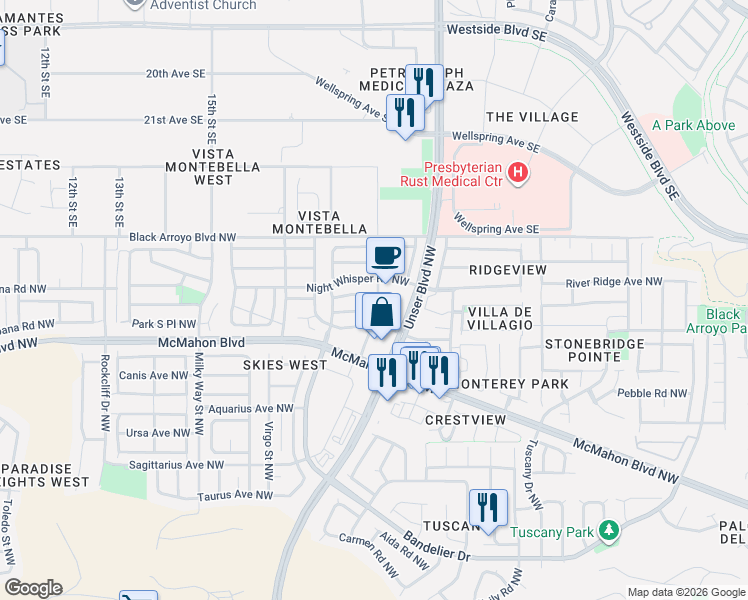 map of restaurants, bars, coffee shops, grocery stores, and more near 5752 Pinon Flats Road Northwest in Albuquerque