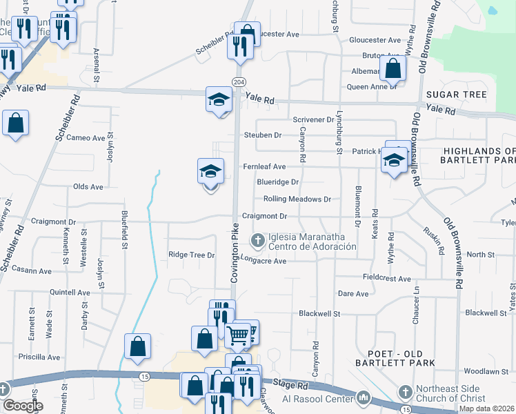 map of restaurants, bars, coffee shops, grocery stores, and more near 3289 Gatewood Drive in Memphis