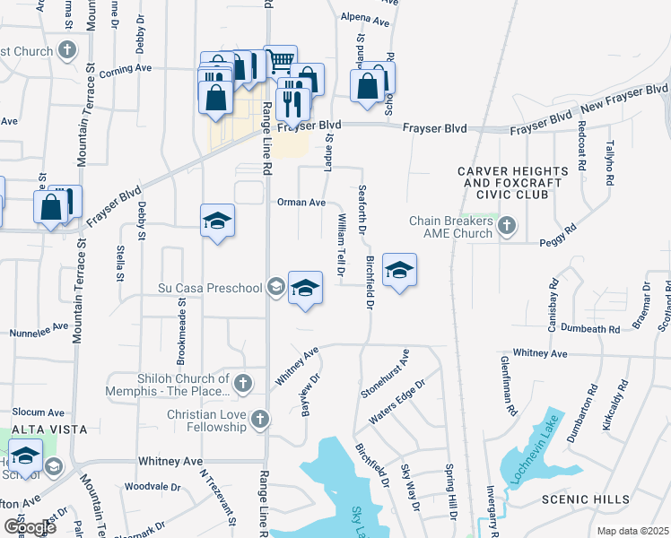 map of restaurants, bars, coffee shops, grocery stores, and more near 3293 William Tell Drive in Memphis