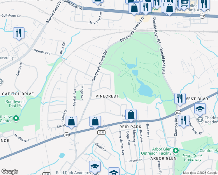 map of restaurants, bars, coffee shops, grocery stores, and more near 2533 Woodshire Drive in Charlotte