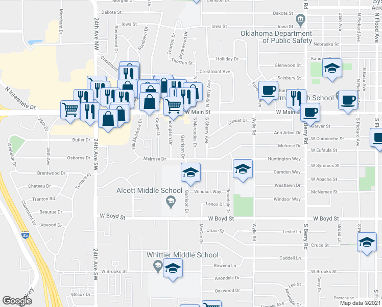 map of restaurants, bars, coffee shops, grocery stores, and more near 306 South Mercedes Drive in Norman