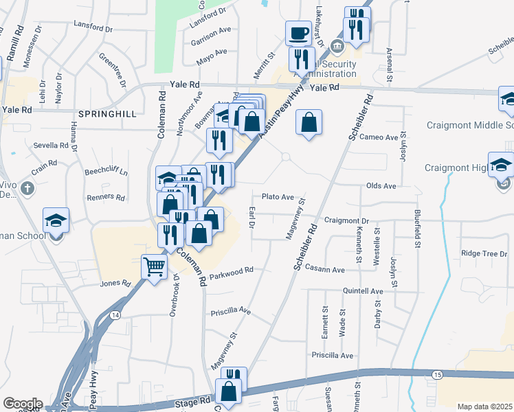 map of restaurants, bars, coffee shops, grocery stores, and more near 3304 Earl Drive in Memphis