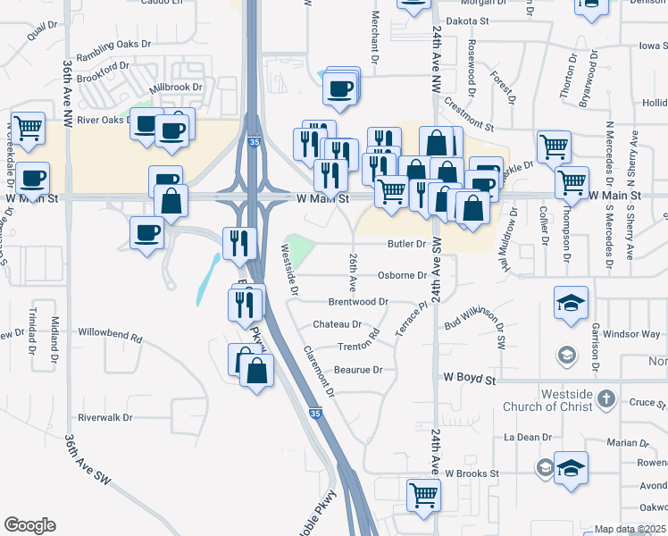map of restaurants, bars, coffee shops, grocery stores, and more near 2617 Osborne Drive in Norman