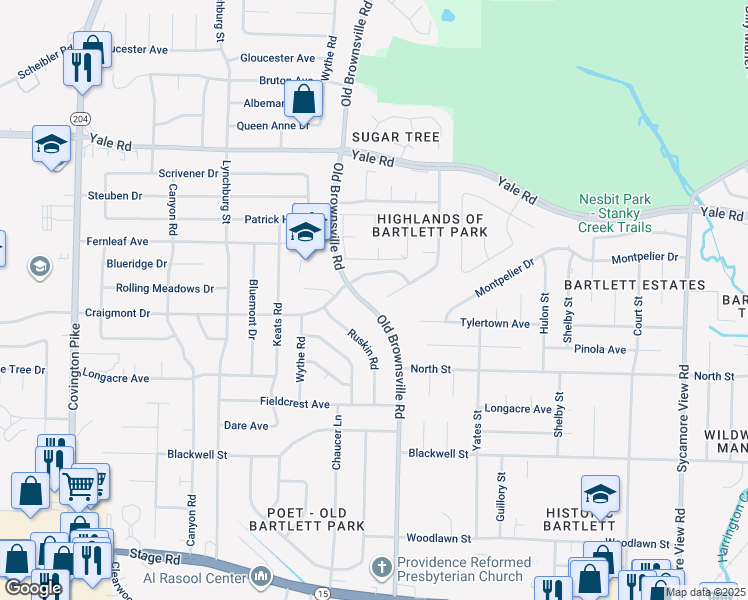 map of restaurants, bars, coffee shops, grocery stores, and more near 3288 Old Brownsville Road in Bartlett