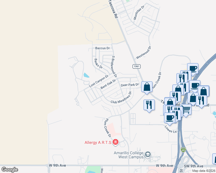 map of restaurants, bars, coffee shops, grocery stores, and more near 6813 Bent Oak Drive in Amarillo