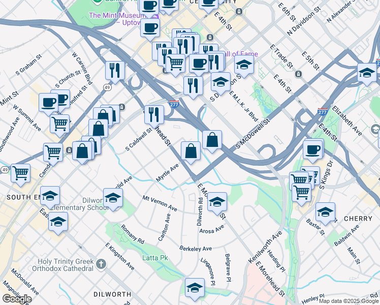 map of restaurants, bars, coffee shops, grocery stores, and more near 727 East Morehead Street in Charlotte