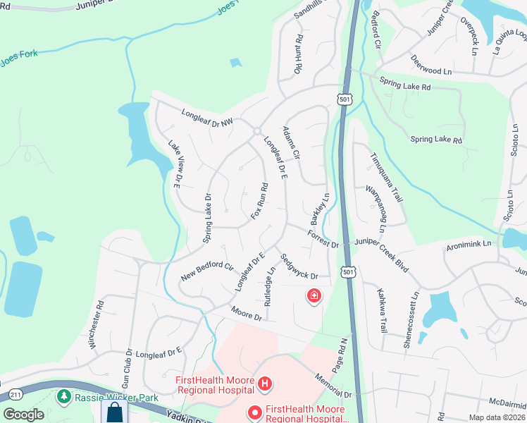 map of restaurants, bars, coffee shops, grocery stores, and more near 130 Fox Run Rd in Pinehurst