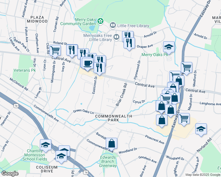 map of restaurants, bars, coffee shops, grocery stores, and more near 3164 Central Avenue in Charlotte