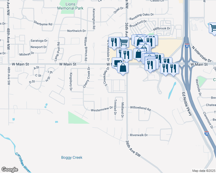 map of restaurants, bars, coffee shops, grocery stores, and more near 207 South Creekdale Drive in Norman